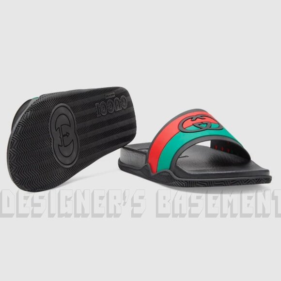 GUCCI men 10 Agrado INTERLOCKING G Logo Black Green Red rubber Slide sandals NIB - Picture 9 of 11
